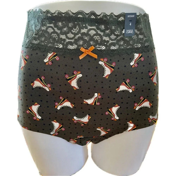 Torrid +4 Hunter Green Roller Skate Print Lace Waistband Cotton Boyshort Panties - Picture 2 of 4